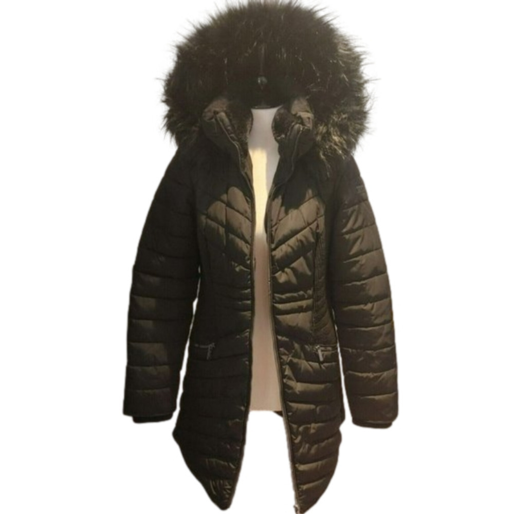DKNY Black Quilted Puffer Coat Removable Faux Fur Hood Size Small